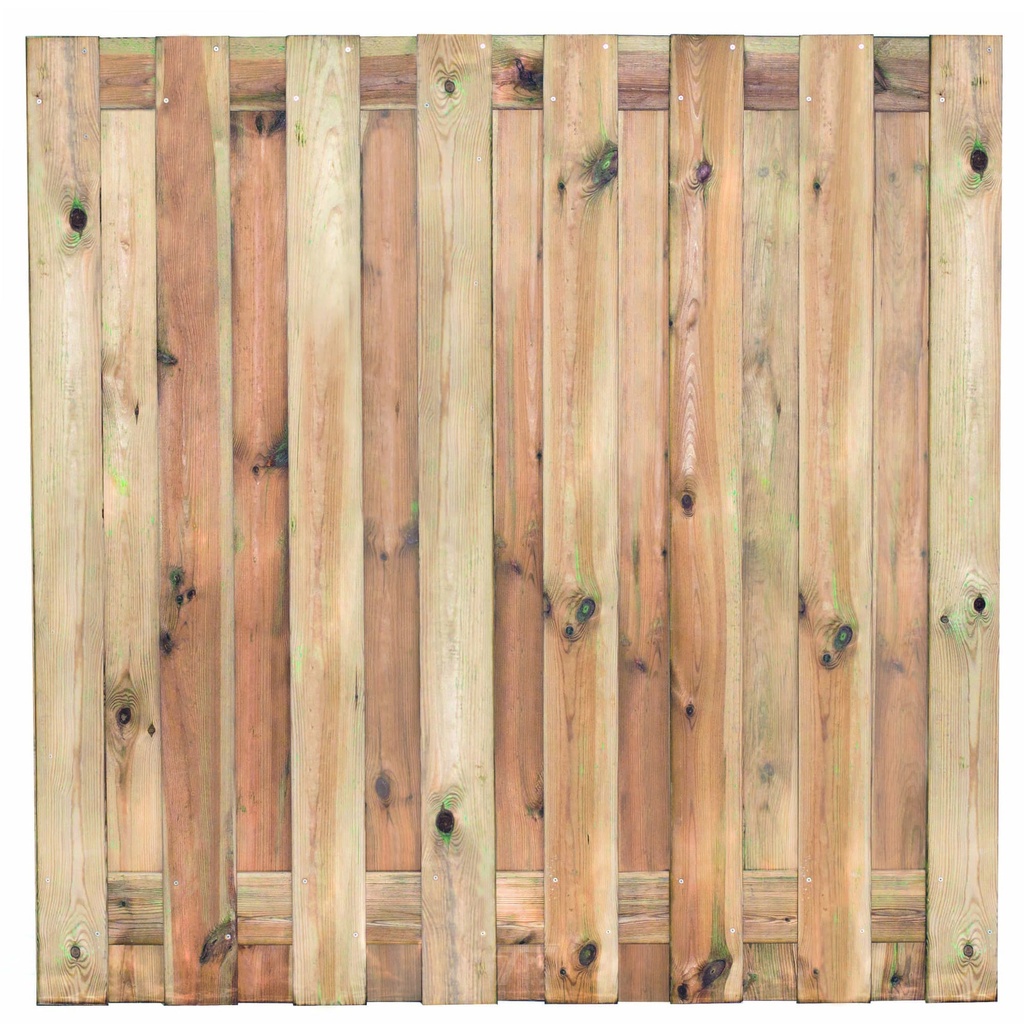 Tuinscherm geïmp. 17 planks (15+2) Coevorden 180x180cm Planken: 1.6x14.0cm / 15 stuks 2 tussenplanken van 1.6x14.0cm, rvs geschroefd  