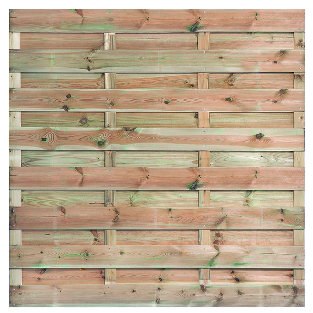 Tuinscherm geïmpregneerd 15 planks Erica H180xB180cm Planken: 1.6x14.0cm / 15 stuks 4 tussenregels van 1.7x7.0cm, rvs geschroefd  