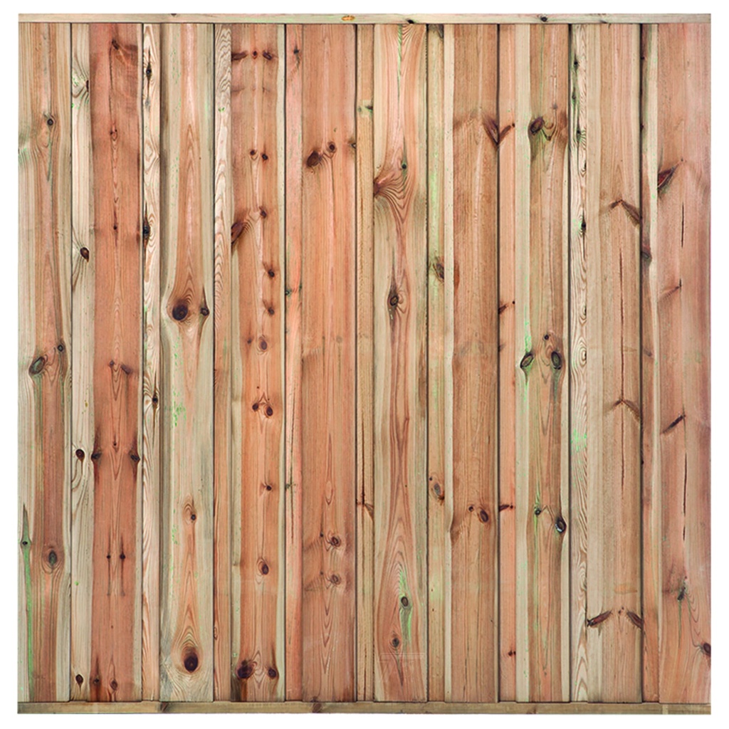 Tuinscherm geïmpregneerd 19 planks Monaco H180xB180cm Planken: 1.6x14.0cm / 19 stuks Boven- en onderlat: 2.8x3.6cm, rvs geschroefd  