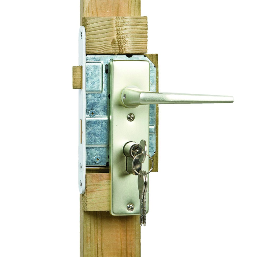 *Tuindeuraccessoires voor solide deur Eindplank geïmp. 180cm + inbouwslotset alu plank: 1.7x8.5x180cm + inbouwslotset alu   