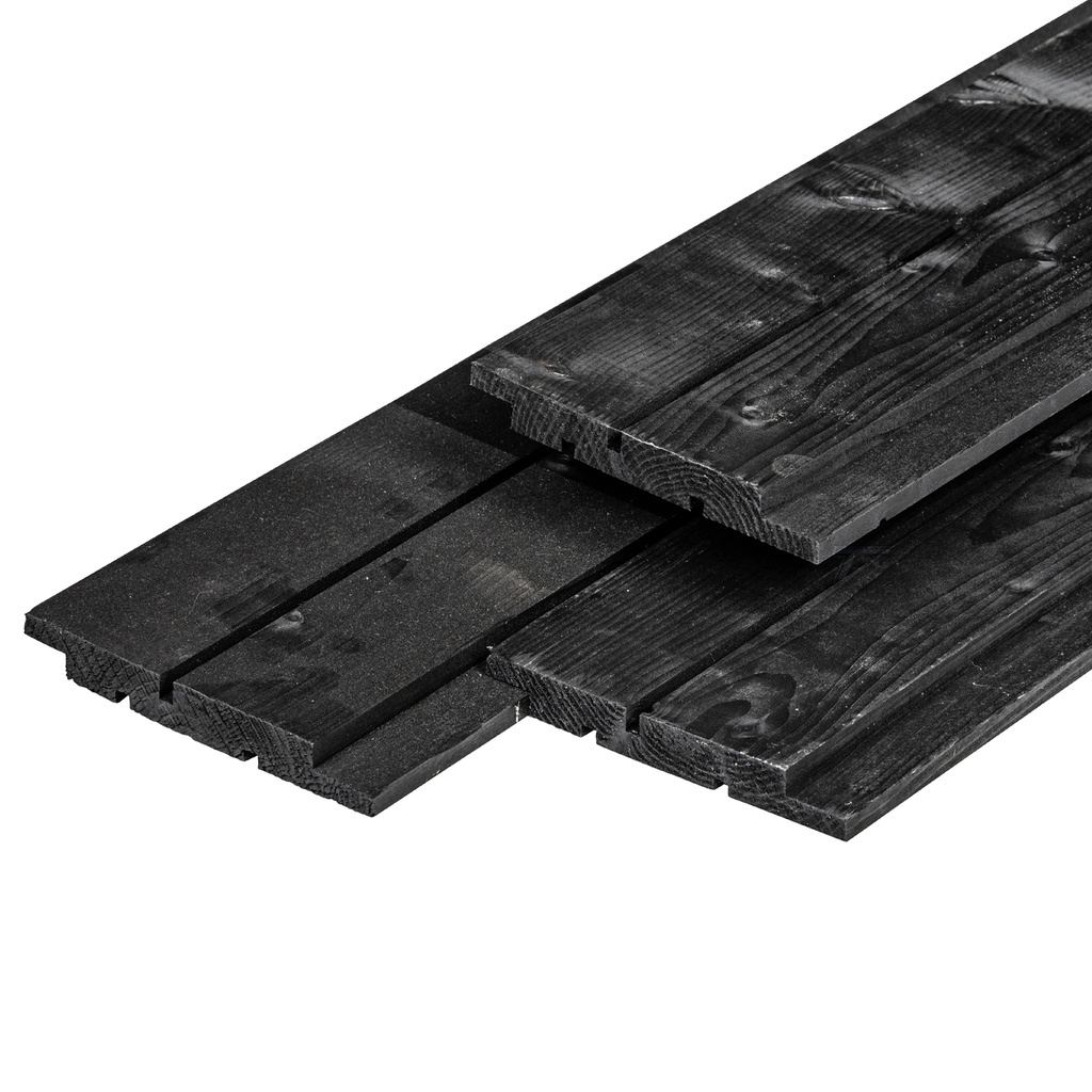 NE vuren channelsiding plank 1.8x14.5x300cm zwart gespoten werkend: 13.7cm A-zijde 1 zaagsnede, B-zijde 2 zaagsnedes  