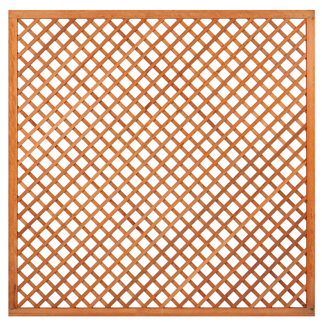 Trellis, diagonaal hardhout met lijst H180xB180cm glad geschaafd lamel: 0.7x2.0cm / lijst 3.0x5.0cm  Houtsoort: Keruing 