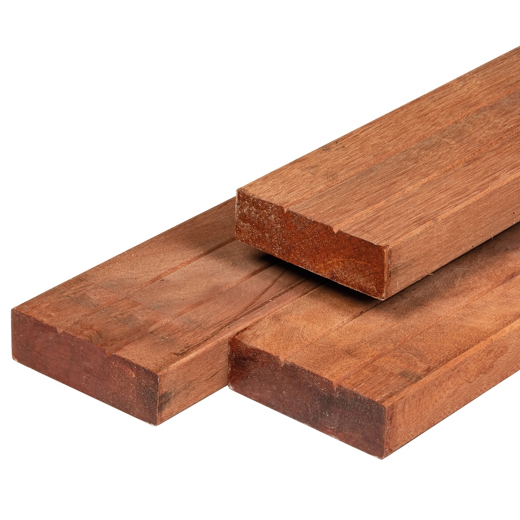 Hardhout timmerhout kunstmatig gedroogd 4.4x14.5x400cm geschaafd 4rh, 2xv 2 brede zijden met 2x V-groef houtsoort: Keruing  